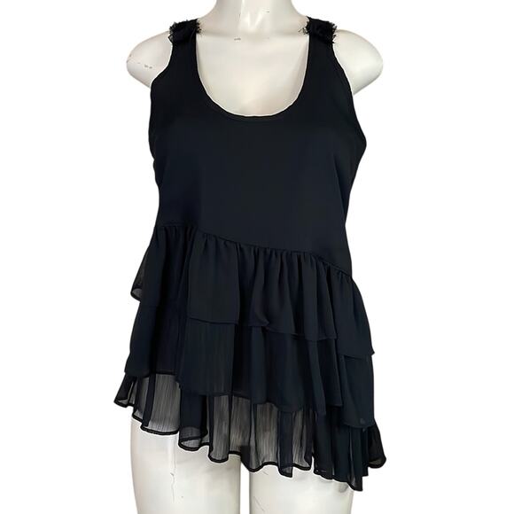 Steve Madden Asymmetrical Ruffle Layers Racerback Tank Top Black Size Medium - Picture 1 of 9